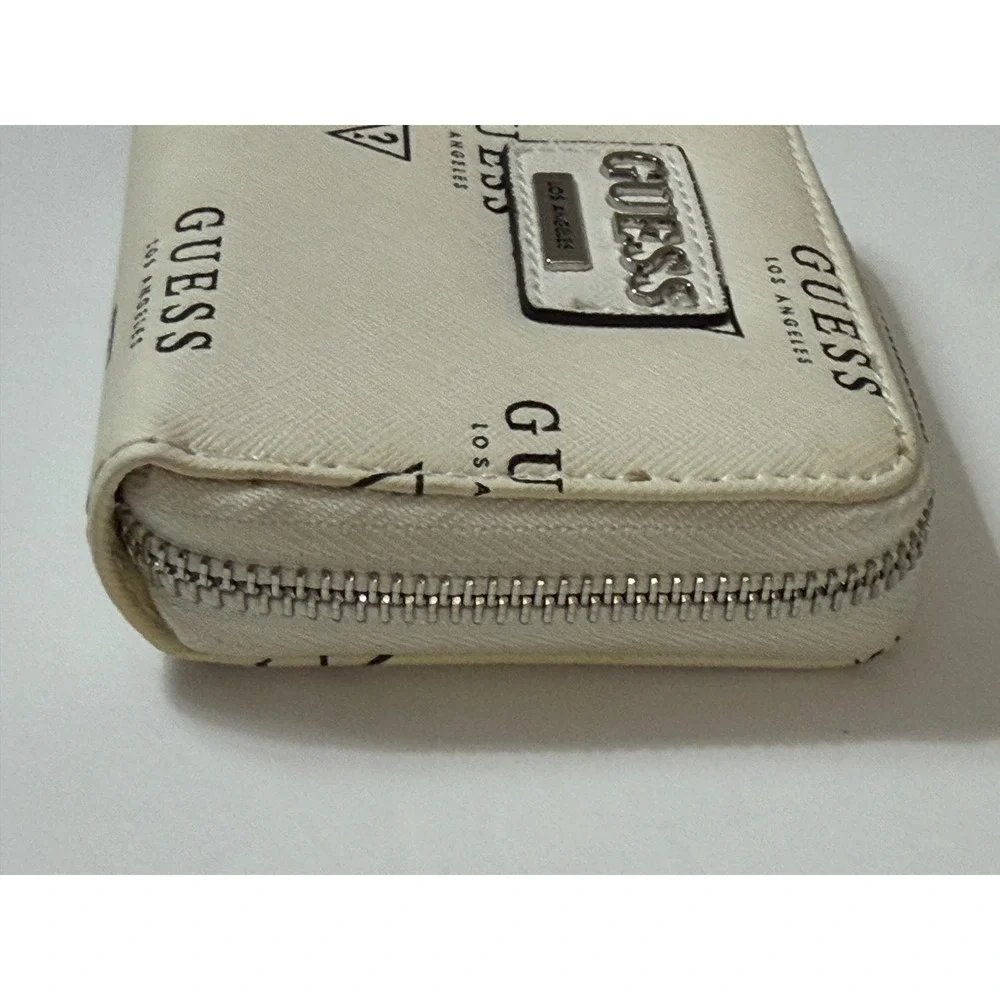 Guess Los Angeles Zip‎ Around Wallet White Logo Print Saffiano Faux Leather - Picture 10 of 11
